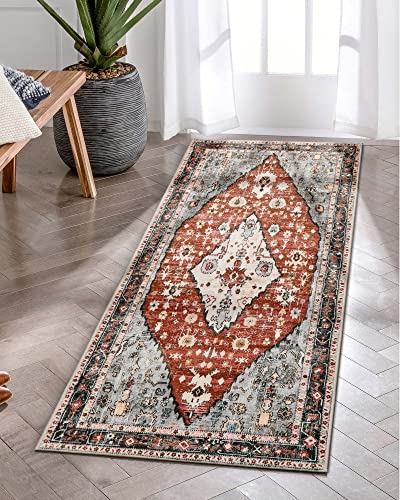 Lahome Boho Tribal Runner Rug - 2X4.3 Red Washable Kitchen Rug Soft Bedroom Mat, Persian Non Slip Kid Pet Friendly Long Bathroom Carpet Runner For Front Door Hallway Foyer Powder Room Vanity #TOP11