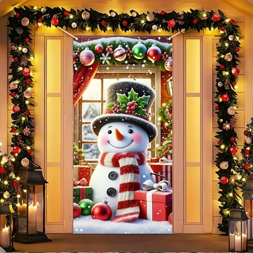 Image of BlissYard Christmas Door Cover 35x71 Inch Winter Snowman Door Banner Holiday Decoration Indoor Outdoor Christmas Backdrop Door Hanging for Porch Wall Home Party Seasonal Photo Background