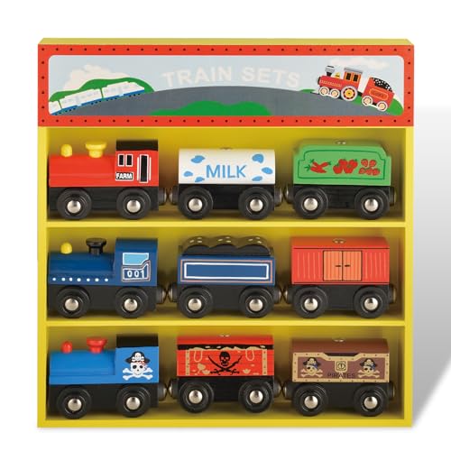 WoodenEdu Wooden Train Sets for Toddlers, 9 Pcs Train Toy Magnetic Sets Fits Brio, Thomas, Melissa and Doug, Kids for Boys Girls 3 4 5 Years Old
