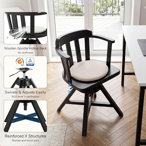 Image of Zesthouse Solid Wood Home Office Desk Chair with Arms, Vintage Office Chair with Adjustable Height, Heavy Duty Desk Chair with Cushion & Slatted Back, Swivel Wooden Computer Task Chair No Wheels Black