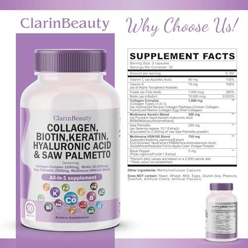ClarinBeauty 100% Natural Collagen Pills 1000mg Biotin 10000mcg Keratin Saw Palmetto 2500mg Hyaluronic Acid & Pumpkin Seed with Vitamin C and Vitamin E - Image 5