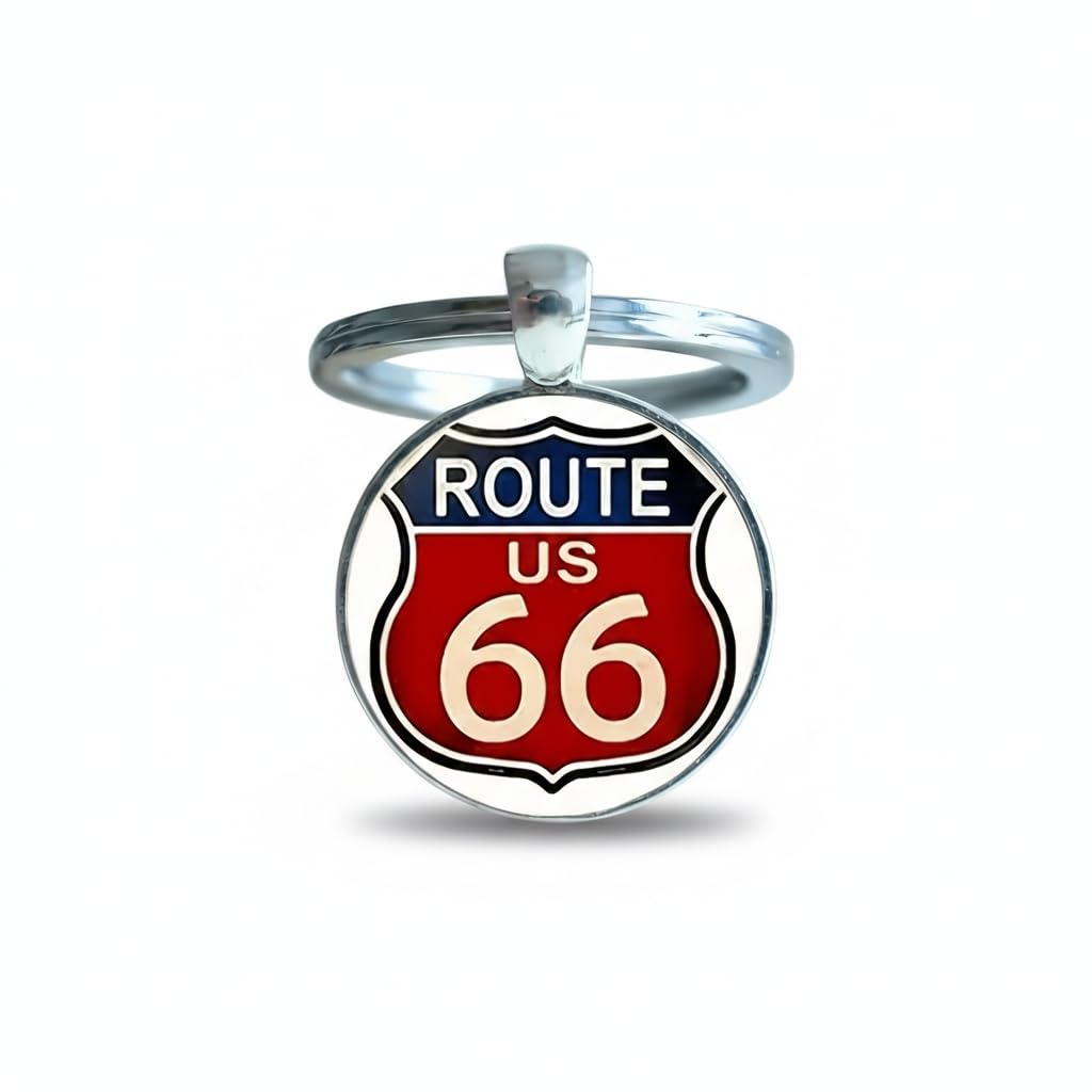 4Trails Unisex Silver Route 66 Keychain, Metal, Shield Design, Americana Theme, Vintage Highway Sign