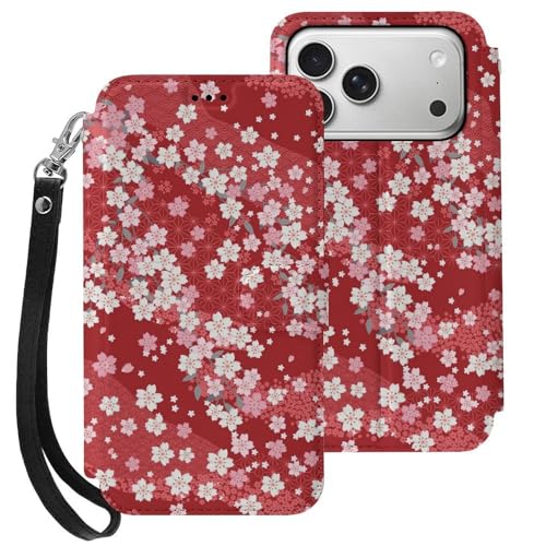 iPhone17Pro用ケース 手帳型 赤 桜 和風 花柄 アイフォン17Pro用ケース 財布型 2025年新型 スマホケース PUレザー カード収納 スタンド機能 サイドマグネット ストラップ付き