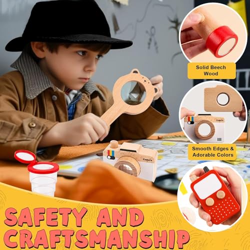 Image of Wudly Wooden Kids Detective Role Play Set - 15 Pieces Fancy Dress for Boys with Case File, Evidence Markers, Wooden Tools, and Costume Accessories, Detective Set, Costume for Kids