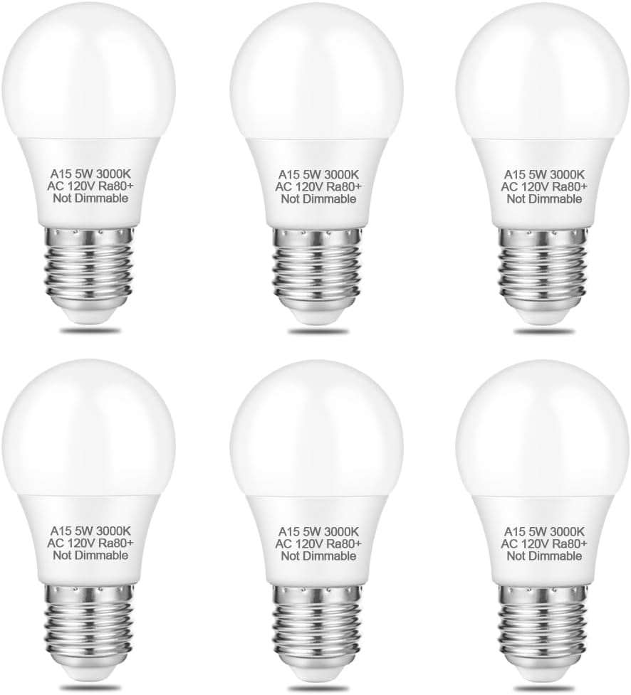 NETEHA 6 Pack A15 5W 120V E26 Base LED Refrigerator Light Bulb, Non-Dimmable 50W Equivalent 3000K Warm White LED Appliance Light Bulb for Ceiling Fan and Lighting Fixtures
