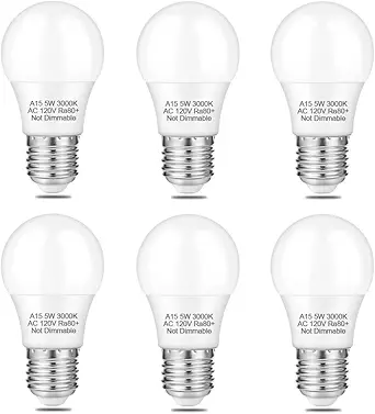 NETEHA 6 Pack A15 5W 120V E26 Base LED Refrigerator Light Bulb, Non-Dimmable 50W Equivalent 3000K Warm White LED Appliance Light Bulb for Ceiling Fan and Lighting Fixtures