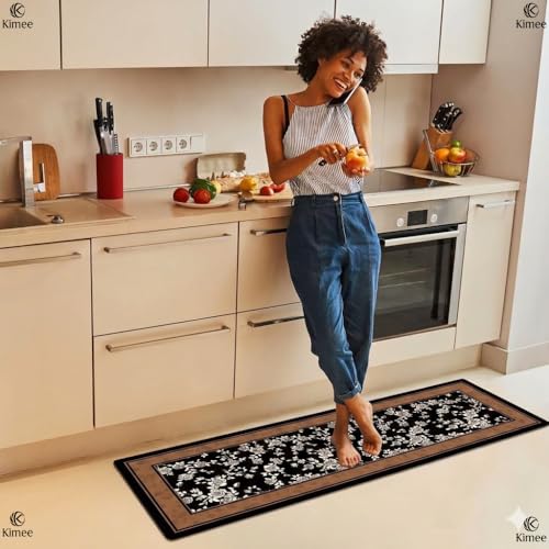 Image of KIMEE 2-Piece Kitchen Mat Set - Kitchen Floor Rugs, Non-Slip & Easy to Clean Water Absorbing Runner Comfort Mats for Kitchen, Laundry, Office (Black Border FlowerPattern, 120cm x 60cm + 60cm x 40cm)