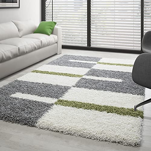 Tapis à poils longs salon gris blanc vert 280x370 cm confortable et épais