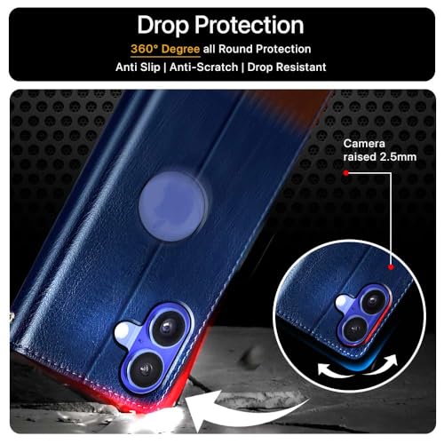 Image of FLIPPED Vegan Leather Flip Case Back Cover for iPhone 16 (Flexible, Shock Proof | Hand Stitched Leather Finish | Card Pockets Wallet & Stand | Blue with Brown)