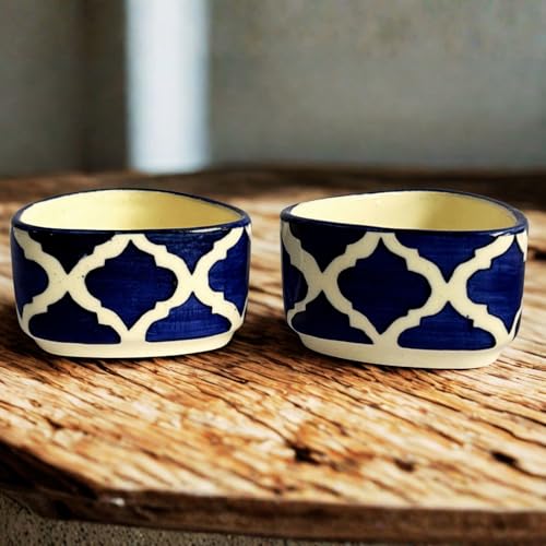 Image of Yourowndcor Ceramic Handcrafted Bliss Dip Bowl |Blue & White |Set of 2 |Stoneware Snack, Dessert & Dip Bowls for Kitchen & Dining (50 ml Each)