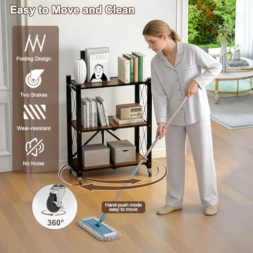 Image of 3 Tier Folding Shelf with Wheels, Wood and Metal Bookshelf | No Assembly Foldable Storage Shelves, Vintage Storage Rack for Living Room, Bedroom, and Home Office