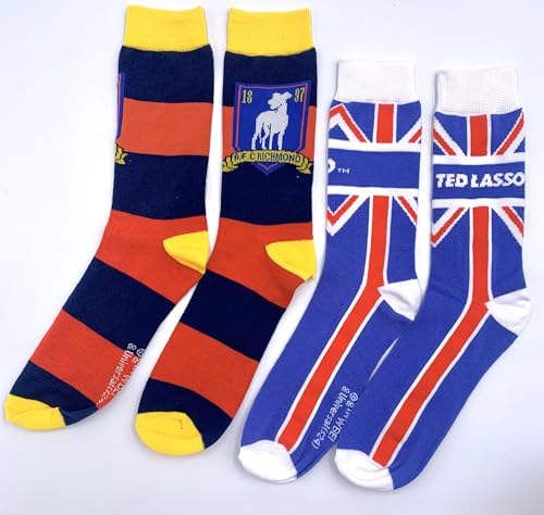 Warner Bros Ted Lasso 2 pack Men's Dress Crew Socks. 2 pair - AFC Richmond Logo Emblem & Ted Lasso Union Jack Flag - Men Sock Size 10-13 (TG11983)2