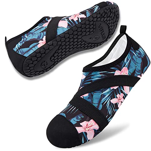 VIFUUR Womens Mens Water Shoes Barefoot Quick Dry Aqua Socks for Beach Swim Yoga Outdoor Sports Green Leaves-40/41