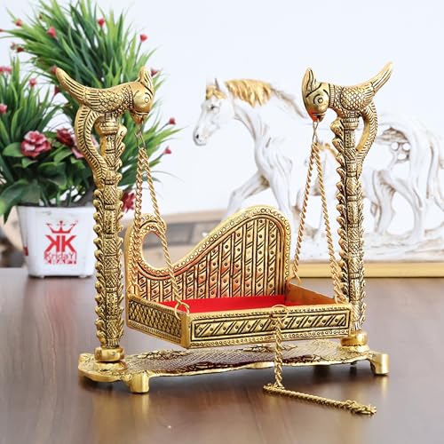 Image of KridayKraft Metal Swing Laddu Gopal Jhula,Krishna Hindola Palana,Decorative Laddu Gopal for Temple Pooja,Showpiece Figurines,Religious Idol Gift Article