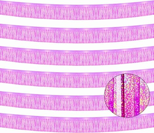 Image of 6 Pack Total 60 Feet Foil Fringe Garland Lilac Metallic Wall Hanging Drapes Tassel Skirting Tinsel Streamers for Parade Float Trailer Mardi Gras Party Birthday Wedding (Iridescent Purple)