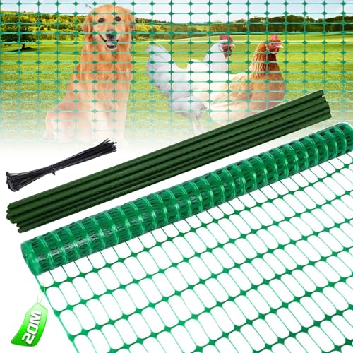 Warmfay Gartenzaun 1m Hoch, 20m Lang, Hundezaun Mobiler mit Pfähle und Kabelbindern, Universal PE Begrenzungszaun, Zaun ohne Strom, für Garten, Haus, Hof