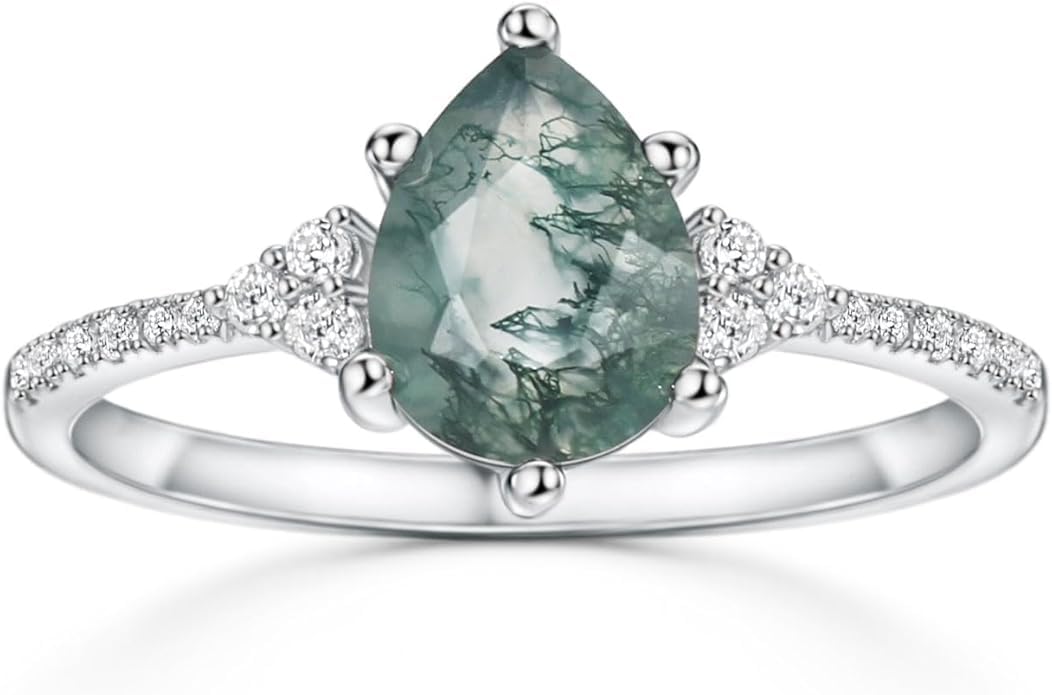 michooyel S925 Anillo de ágata de musgo natural de 1,5 quilates con ágata acuática de plata de ley, anillo de compromiso para mujer, anillo de boda único con piedra verde, regalo de joyería para mujer