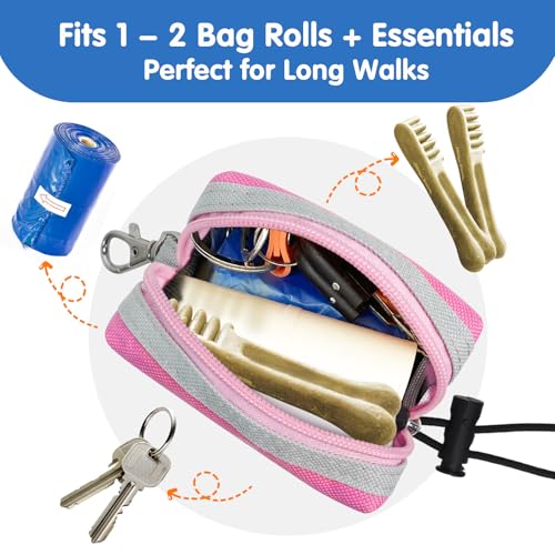 Image of Dog Poop Bag Holder Zippered Pouch, Portable Waste Bag Dispenser with 1 Metal Clip, Fashion Color Matching Canvas Holder for Leashes - Pink
