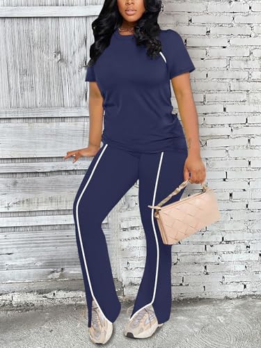 Image of STOLKISS Women 2 Piece Outfits Summer Workout Sweatsuit Striped Short Sleeve Long Flare Pants Casual Travel Tracksuit