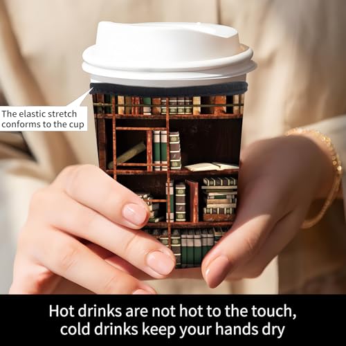 Image of 3 Pack Reusable Neoprene Insulator Sleeve for Iced Coffee Cups, Durable Drink Sleeve for Cold Hot Beverages Compatible with 16-32OZ Cute Retro Book Shelf