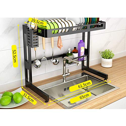 Over Sink Geschirrtrockner Küche, Teller Abtropffläche Regal Edelstahl Geschirrkorb Mit Utensilienhalter Zähler Organizer Schwarz 95cm (37inch)