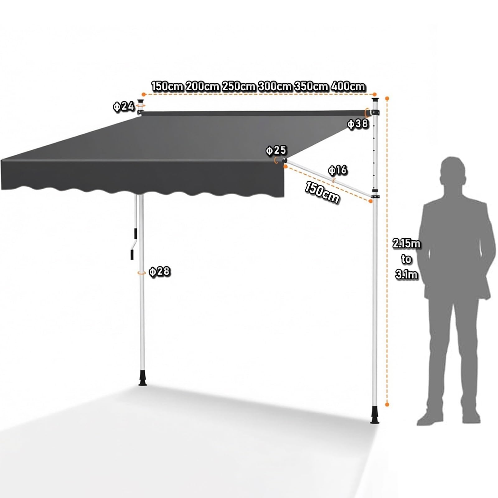 Store Banne Manuel avec Manivelle sans Perçage Auvent Téléscopique Hauteur et Inclinaison Réglable, Résistant aux Intempéries et UV Brise Vue(Gray,59"x59")