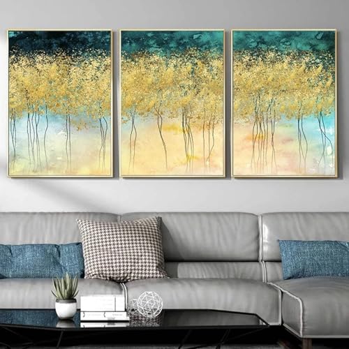 Toile pour salon arbre doré plante verte déco triptyque 40x60