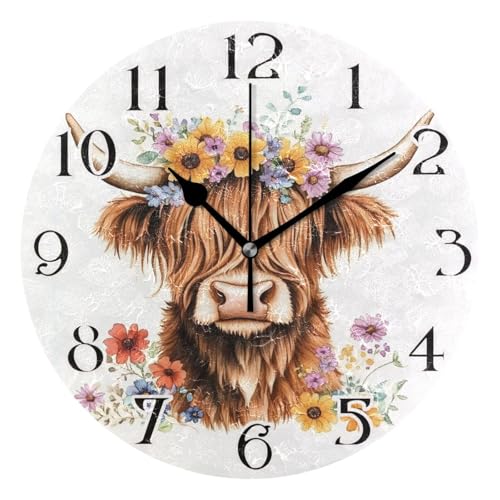 Mnsruu Adorable horloge murale ronde silencieuse sans tic-tac avec fleurs de vache des Highlands, 25 cm, facile à lire, horloges de cuisine, décoration...