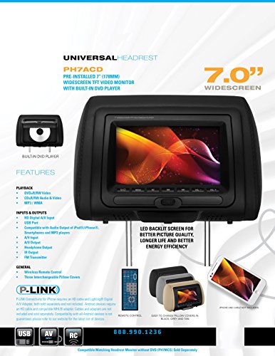 Planet Audio Headrest Car Monitor, Dvd Cd Mp3 Wma Usb Sd Interchangeable Pillow Covers, Wireless Remote Control #TOP6