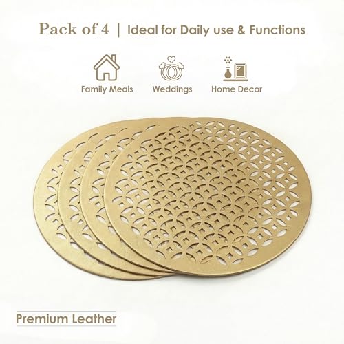 Image of Kuber Industries 4 Pcs Set Leather Round Side Table Mats | Reusable and Washable Dining Table Mat for Party, Wedding and Family Functions | Golden