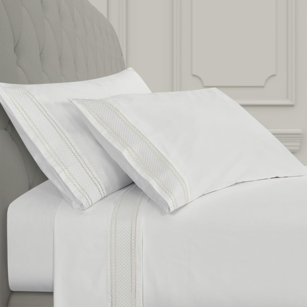 4-Piece Traditional Embroidered 500TC Coconut White Bed Sheets Set Queen Size Medallion Pattern Hotel Designer Style Boho Bedding