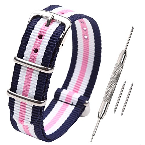 Airself NATOタイプ 時計ベルト 時計バンド ナイロン 替えバンド 替えベルト (交換説明書 交換工具 バネ棒付) (12mm, ネイビー×ホワイト×ピンク×ホワイト×ネイビー)