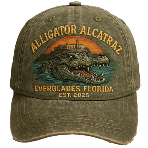 Unisex Alligator Alcatraz Print Baseball Cap Unisex Stylish Casual Retro Crocodile Hat American Flag Print Cap Alligator Alcatraz Hat Funny Vintage Gator Baseball Cap Crocodile Cap Army Green