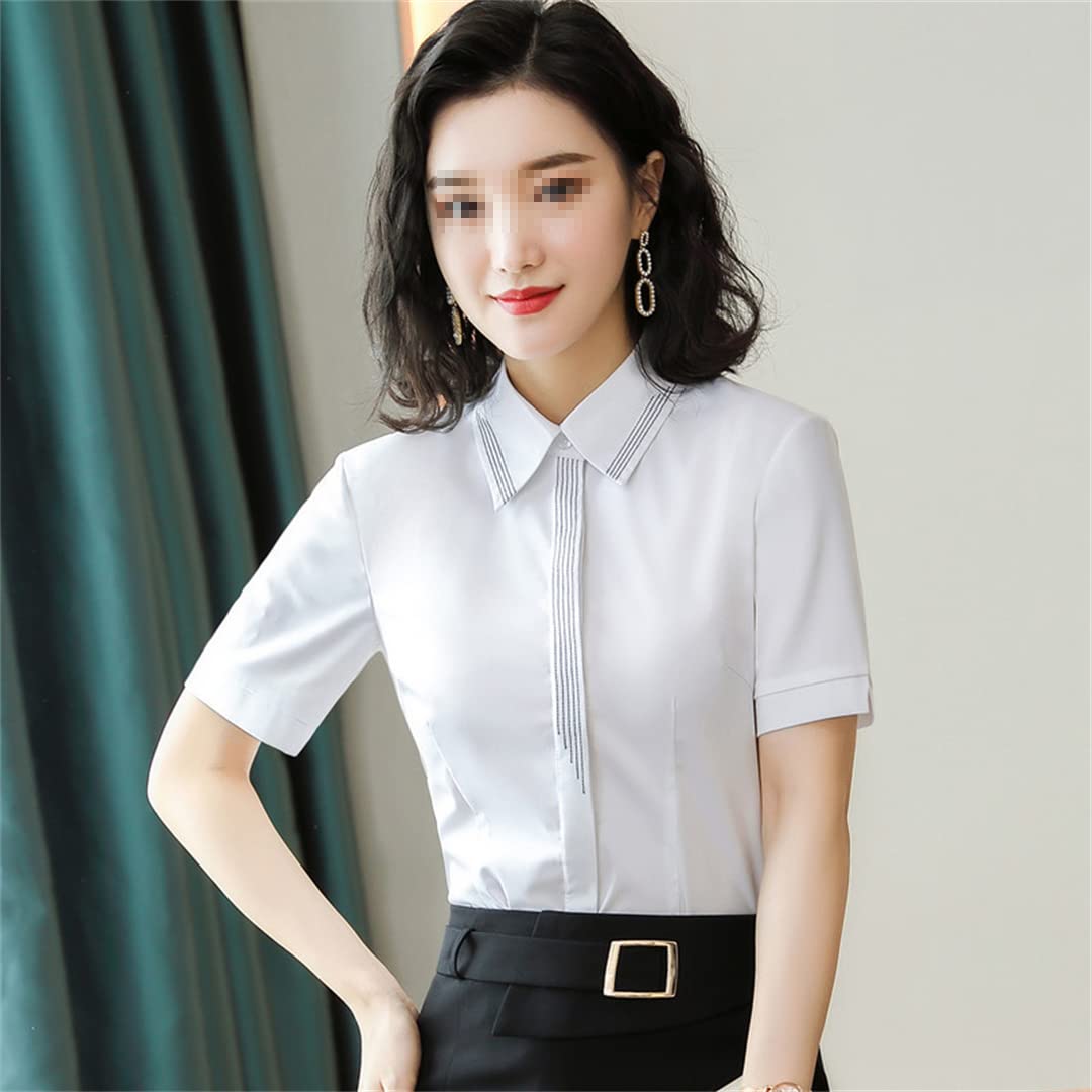 Camisa con Botones para Mujer Blusa de Negocios de Manga Corta con Cuello en V para el Trabajo Oficina Blusas Formales de Verano Navy Blue S