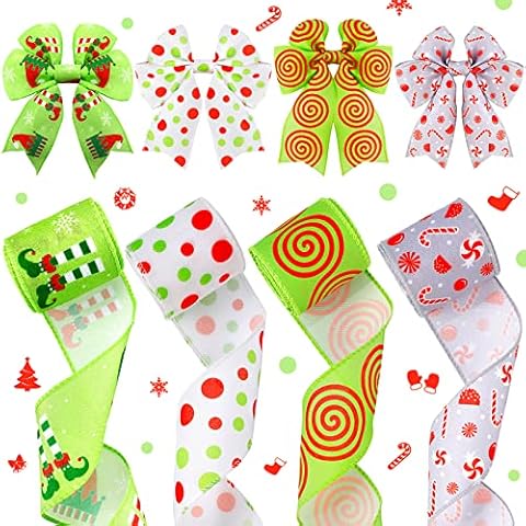 Yunsailing 4 Rolls 20 Yard Christmas Satin Ribbon Grosgrain Wrapping Ribbon Holiday Fabric Ribbon Craft Ribbon Assorted Ribbon Rainbow Bouquet Ribbons for DIY Crafts Wrapping Party Wedding Decor Cover