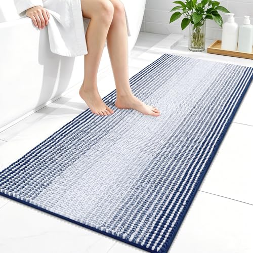 Image of OLANLY Bathroom Runner Rugs 44x24, Extra Soft Absorbent Chenille Striped Bath Rugs, Rubber Backing, Machine Wash Dry, Long Bath Mats for Bathroom, Tub, Shower, Home Decor Accessories, Navy