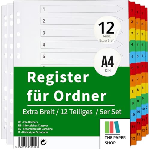 The Paper Shop A4+ Ordner Register Unterteiler Hochformat 150 g/m | 5 Pack | 12-Teilig Extra Breit Nummeriert 1-12 | Mehrfach Gelocht | Stabile Pappe Für Büro Schule Archiv Organisation
