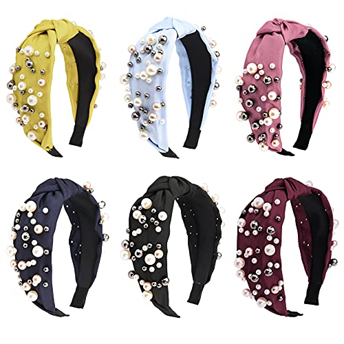 6 Pcs Wide Pearl Knotted Headbands for Women and Girls Vintage Pearl Hairband Fashion Hair Accessories Elastic Hair Hoops