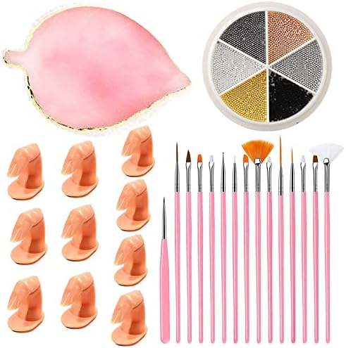 Rwoora Beginner Nail Art Set,15 Pcs Nail Art Brushes Crystal Pen+10Pcs with Nail Art Finger Mold+1Pcs Resin Palette+2Pcs Painted Nail Polish for Nail Salon, Home,DIY Design Display Boar