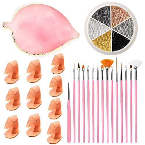 Rwoora Beginner Nail Art Set,15 Pcs Nail Art Brushes Crystal Pen+10Pcs With Nail Art Finger Mold+1Pcs Resin Palette+2Pcs Painted Nail Polish For Nail Salon, Home,Diy Design Display Boar #TOP12