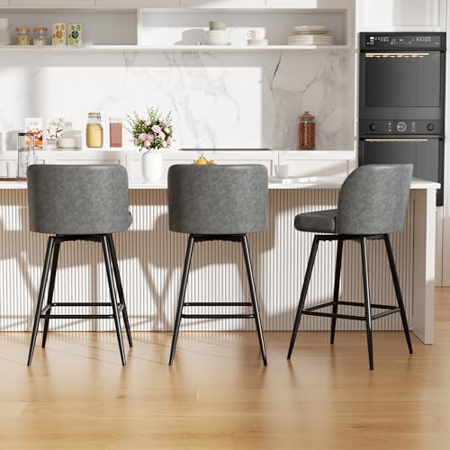 Image of Swivel Bar Stools Set of 3, 26 inch Counter Height Bar Stools with High Back and Metal Legs, Faux Leather Bar Chairs, Modern Barstools for Kitchen Island, Light Grey