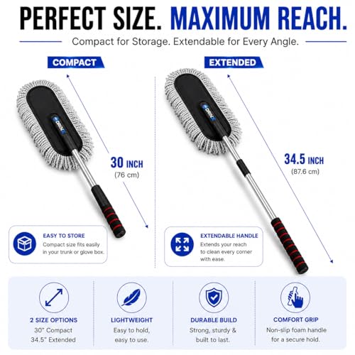 Image of Microfiber Car Duster with Extendable Handle | Scratch-Free Car Cleaning Brush | Car Dust Cleaner for Interior Exterior | Car Cleaning Accessories for Dashboard, Windshield, SUV