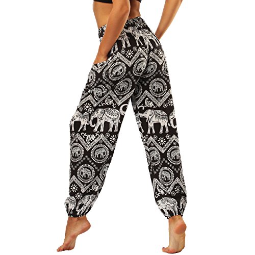 Nuofengkudu Women's Harem Hippie Pants Baggy Boho Patterned High Waist Smocked Waist Thin with Pockets Lounge Trousers for Yoga Summer Beach