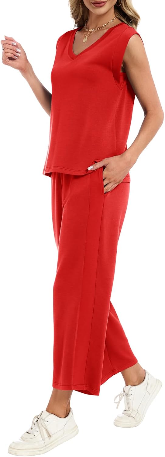 Two Piece Sets for Women Summer Outfits V Neck Lounge Sets Business Casual Vacation Travel Matching Set