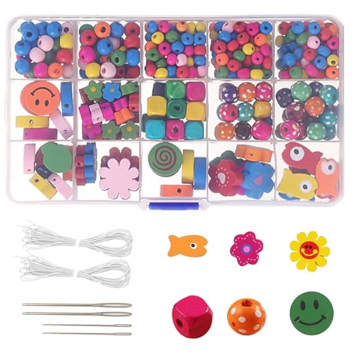 Noaxylic 400 Pièce Perles en Bois Colorées à Enfiler, Perle en Bois Colorées, Perles pour Bracelet Enfant, DIY Kit de Perle pour Bijoux, avec Aiguille Fil,...
