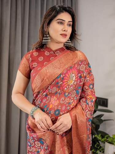 Image of ALMAARI FASHION Handloom Cotton Saree, Coral Red Floral Print with Lotus Motifs, 5.5 Metre with Blouse Piece