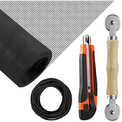 Window Screen Repair Kit, Screen Replacement for Windows or Doors, Durable Fiberglass Screen Mesh with Spline/Rolling Tool/Knife (36" x 84", Black) Cover