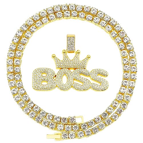 HH BLING EMPIRE Iced Out Name Pendant Chain Necklaces for Men Gold Silver Diamond Letter Necklace Hip Hop Boss Rope Chains 24 Inch (Boss-Gold,& Rope)