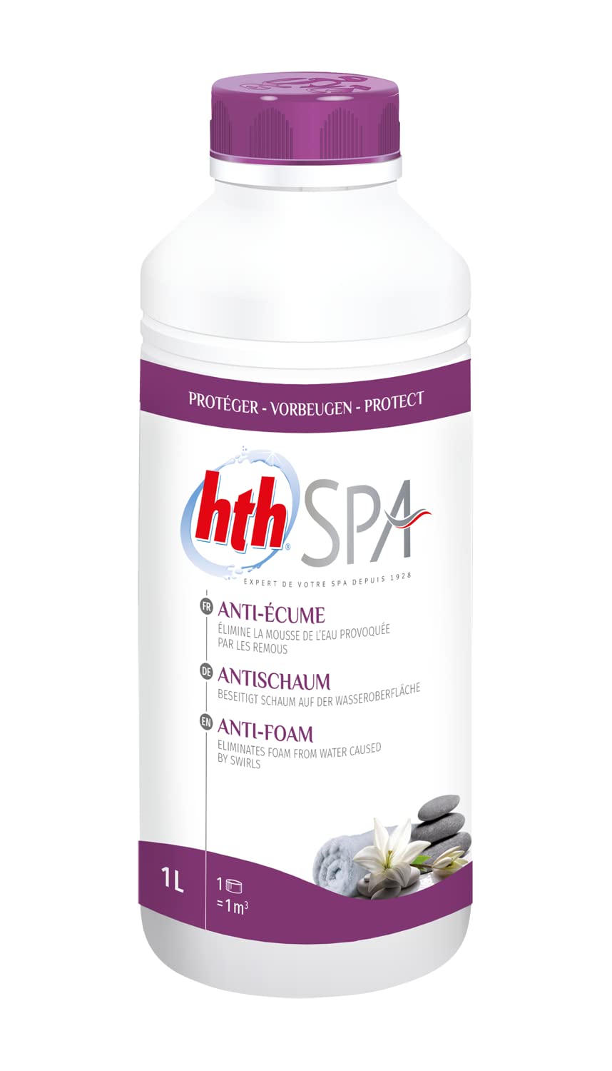HTH Spa Anti-Ecume Liquide - 1L | Elimine la Mousse/Écume à la Surface de l'eau du Spa + 10 Tests HPS OFFERTS 6 en 1