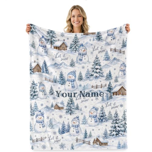 Jekeno Personalized Custom Christmas Blanket Snowman Pine Throw 50"x60"